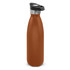 A drink bottle in a rich brown colour with a stainless steel top and a push-button lid, featuring a logo.