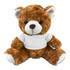 A plush teddy bear in a soft brown colour, wearing a plain white t-shirt, with black button-like eyes.