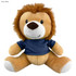 A plush lion toy with a light brown body, brown mane, and wearing a navy blue shirt. It has a friendly smile.