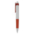 A plastic pen in white with red accents and a clip. It features a rounded top and a branding logo.