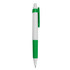 A plastic pen in white and green, featuring a clip and a retractable tip. It has a simple design and a logo.