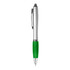A silver pen with a green rubber grip and a clip, featuring a logo on its side.