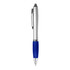 A silver and blue plastic pen with a smooth barrel and clip. It features a logo on the barrel.