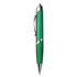 A green plastic pen with a chrome clip and silver accents, featuring a logo on its body.