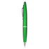 A green plastic pen with silver accents and a clip, featuring a brand logo.