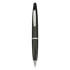 A black plastic pen with silver accents and a clip, featuring a sleek design and logo branding.