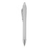 A plastic pen in white with silver accents and a clip. The pen features a smooth, sleek design.