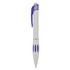 A plastic pen in white with purple accents and a logo. It features a click mechanism and grip sections.