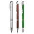 Three plastic pens in silver, burgundy, and green, featuring a logo on the barrel and a sleek design.