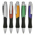 A collection of five plastic pens in silver, brown, orange, green, and purple with ergonomic grips. Each pen has a logo.