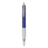 A blue plastic pen with a white grip and a clear cap. The pen features branding on the barrel.