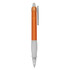 An orange and white plastic pen with a clear cap and clip, featuring a branding logo.