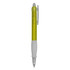 A plastic pen in a vibrant yellow colour with a white grip and a clip on the side. It features a logo.