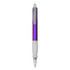 A plastic pen in purple and white, featuring a clip and transparent cap, with a branding logo on the barrel.