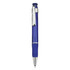A blue plastic pen with a silver clip and grip, featuring a streamlined design and a logo.