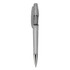 A plastic pen with a translucent grey body and silver accents, featuring a retractable mechanism and a branding logo.