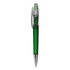 A green plastic pen with a clear cap and a silver metal tip, featuring a logo on its body.