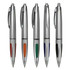 A set of five plastic pens in silver, featuring coloured grips in red, orange, green, blue, and black. Each pen has a logo.