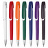 A collection of plastic pens in red, orange, green, blue, purple, brown, and white, each with a branding logo.
