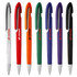 A selection of plastic pens in white, orange, green, purple, and black, featuring various logos.