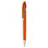 An orange plastic pen with a shiny silver clip and a smooth finish. The pen features a logo on its body.