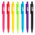 A set of plastic pens in pink, red, yellow, green, purple, and black, featuring branding on each pen.