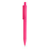 A pink plastic pen with a clip and a smooth finish. The pen features a simple design and has a logo.