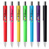 A set of six plastic pens in red, yellow, green, pink, purple, and black, each featuring a logo.
