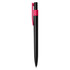 A plastic pen in black with a pink clip, featuring a logo or branding.