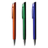 Three metallic plastic pens in orange, green, and blue, each featuring a clip and a silver-toned tip, with a logo.