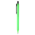 A bright green plastic pen with a black clip and nib, featuring a simple design and branding.