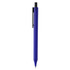 A plastic pen in vibrant blue with a black clip and tip, featuring a logo on its side.