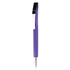 A plastic pen in purple with a black clip and a silver tip, featuring a logo on the barrel.