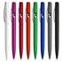 A range of plastic pens in white, purple, red, orange, green, blue, grey, and black, featuring a branding logo.