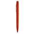 An orange metallic pen with a silver clip, featuring a sleek design and a branding logo.