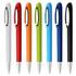 A selection of metal pens in various colours: white, red, orange, green, blue, and black, featuring a design with a logo.