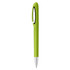 A green metal pen with a sleek design and a clip for easy attachment. It features a shiny metal tip.