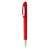 A red metal pen with a sleek design and silver accents, featuring a logo on the barrel.