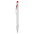A plastic pen with a white barrel, red accents, and a silver tip. It features a clip and smooth design.