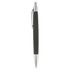 A green pen with a silver clip and tip, featuring a textured grip and a smooth design.