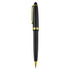 A black plastic pen with gold accents and a clip, featuring a smooth, sleek design and a logo.