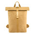 A tan kraft paper backpack with a roll-top design, featuring a logo and minimalistic straps.