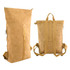 A kraft paper backpack in a light brown colour, featuring adjustable straps and a zip closure. Includes a logo.
