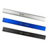 Three aluminium rulers in white, blue, and black, each featuring a logo and measurement markings.