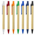 A set of eight recycled cardboard pens in white, red, orange, green, blue, and black. Each has a matching clip.