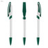 A set of green and white plastic pens featuring a distinctive design and a logo.