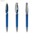 A light blue plastic pen with a silver clip and accents, featuring a sleek design and a logo.