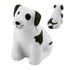 A white and green stress relief dog figurine with a rounded shape and smiling face, featuring black eyes and a spotted pattern.