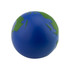 A blue and green stress ball shaped like Earth, featuring a smooth surface and a small logo.