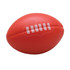 A red stress ball shaped like a football with white detailing and a logo on one side.